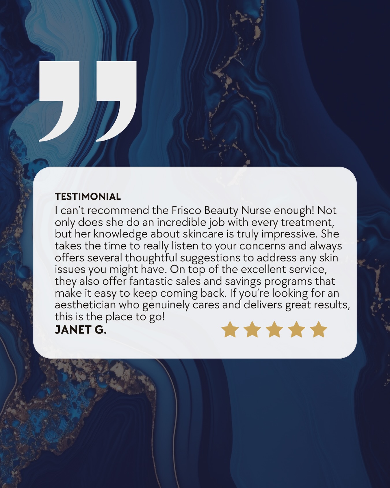 ⭐️⭐️⭐️⭐️⭐️ Client Love That Means Everything to Us

There is no greater compliment than earning the trust of our patients and helping them feel confident in their skin.

We&rsquo;re incredibly grateful for this kind review from Janet:

💙 &ldquo;If you&rsquo;re looking for an aesthetician who genuinely cares and delivers great results, this is the place to go.&rdquo;

At Frisco Beauty Nurse, every treatment begins with listening. We take the time to understand your goals, educate you on your options, and create a customized treatment plan designed specifically for you. Whether you&rsquo;re seeking skincare treatments, injectables, anti-aging solutions, or overall skin rejuvenation, our mission is to help you achieve natural, beautiful results while feeling cared for every step of the way.

✨ Why Patients Choose Frisco Beauty Nurse:
✔️ Personalized Treatment Plans
✔️ Expert Skincare Recommendations
✔️ Natural-Looking Results
✔️ Advanced Aesthetic Treatments
✔️ Exclusive Membership & Savings Programs
✔️ Compassionate, Patient-Centered Care

To Janet and all of our amazing patients&mdash;thank you for trusting us with your aesthetic journey. Your confidence is our greatest reward.

📍 Frisco, TX
Serving Frisco, Prosper, Celina, McKinney, Plano, Allen, Southlake, Westlake, and surrounding North Texas communities.

📲 Ready to experience the Frisco Beauty Nurse difference? Schedule your consultation today at friscobeautynurse.com.

#FriscoBeautyNurse #FriscoMedSpa #FriscoTXAesthetics #NorthTexasBeauty #PatientLove