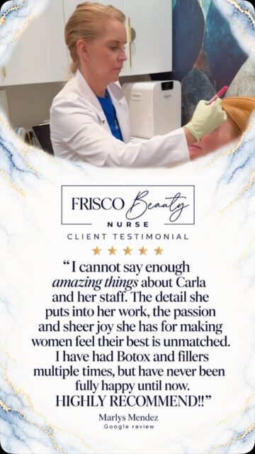 Some reviews speak to the result. Marlys&rsquo;s speaks to the care behind it. 🤍

&ldquo;The detail she puts into her work, the passion and sheer joy she has for making women feel their best is unmatched.&rdquo;

After receiving Botox&reg; and filler treatments in the past, Marlys shared that she had never felt fully happy with her results&mdash;until now.

Her words reflect what Carla values most: listening closely, treating with precision, and creating an experience where every client feels understood, confident, and genuinely cared for.

We are incredibly grateful to Marlys for sharing such thoughtful feedback&mdash;and to every client who trusts Carla and the Frisco Beauty Nurse team with something so personal. Your experiences mean more than you know. ✨

📍 Frisco, Texas
📞 (469) 388-0303
🌐 https://friscobeautynurse.com/

#FriscoBeautyNurse #FriscoMedSpa #FriscoInjector #NaturalAesthetics #PatientExperience