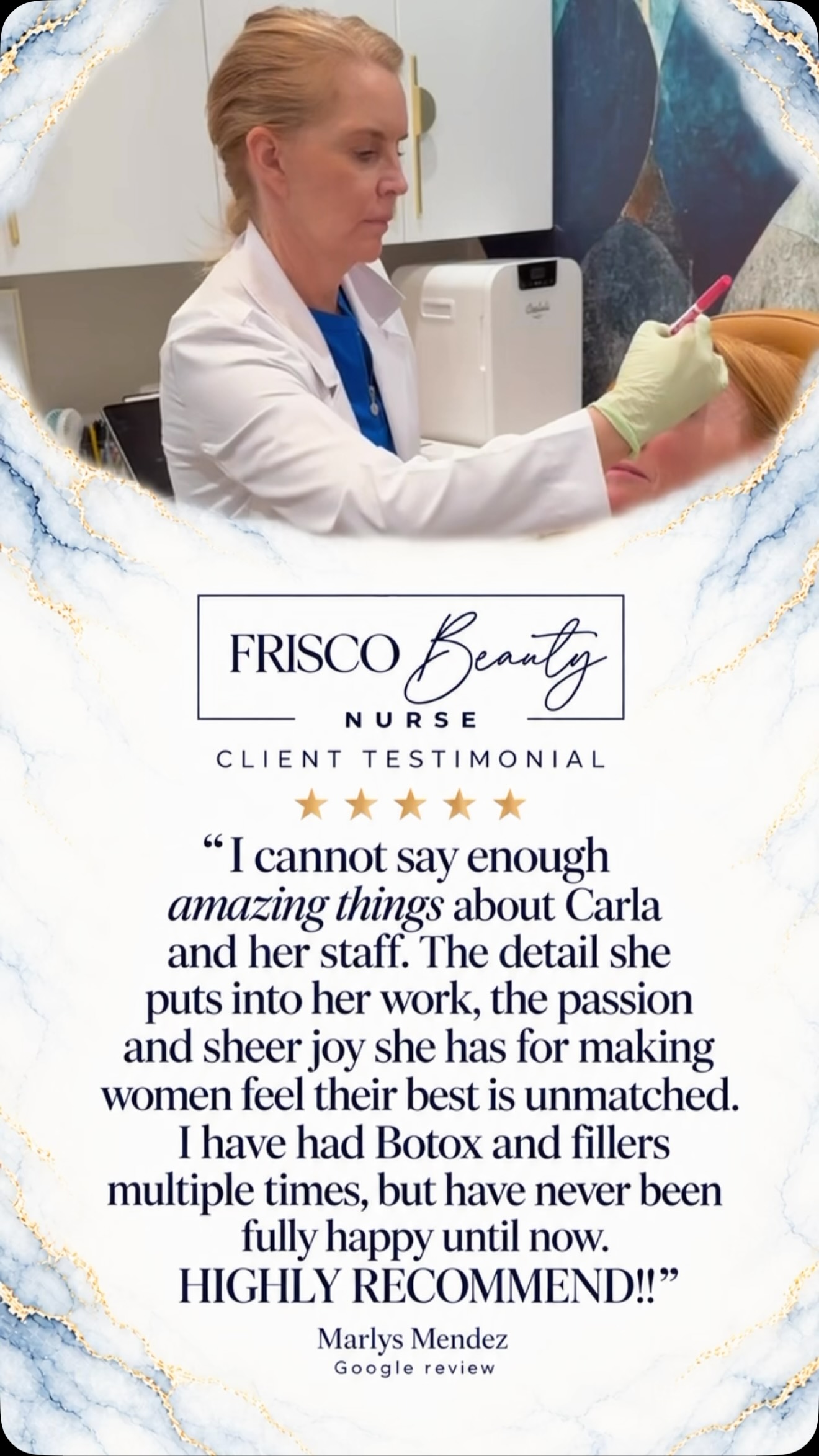 Some reviews speak to the result. Marlys&rsquo;s speaks to the care behind it. 🤍

&ldquo;The detail she puts into her work, the passion and sheer joy she has for making women feel their best is unmatched.&rdquo;

After receiving Botox&reg; and filler treatments in the past, Marlys shared that she had never felt fully happy with her results&mdash;until now.

Her words reflect what Carla values most: listening closely, treating with precision, and creating an experience where every client feels understood, confident, and genuinely cared for.

We are incredibly grateful to Marlys for sharing such thoughtful feedback&mdash;and to every client who trusts Carla and the Frisco Beauty Nurse team with something so personal. Your experiences mean more than you know. ✨

📍 Frisco, Texas
📞 (469) 388-0303
🌐 https://friscobeautynurse.com/

#FriscoBeautyNurse #FriscoMedSpa #FriscoInjector #NaturalAesthetics #PatientExperience