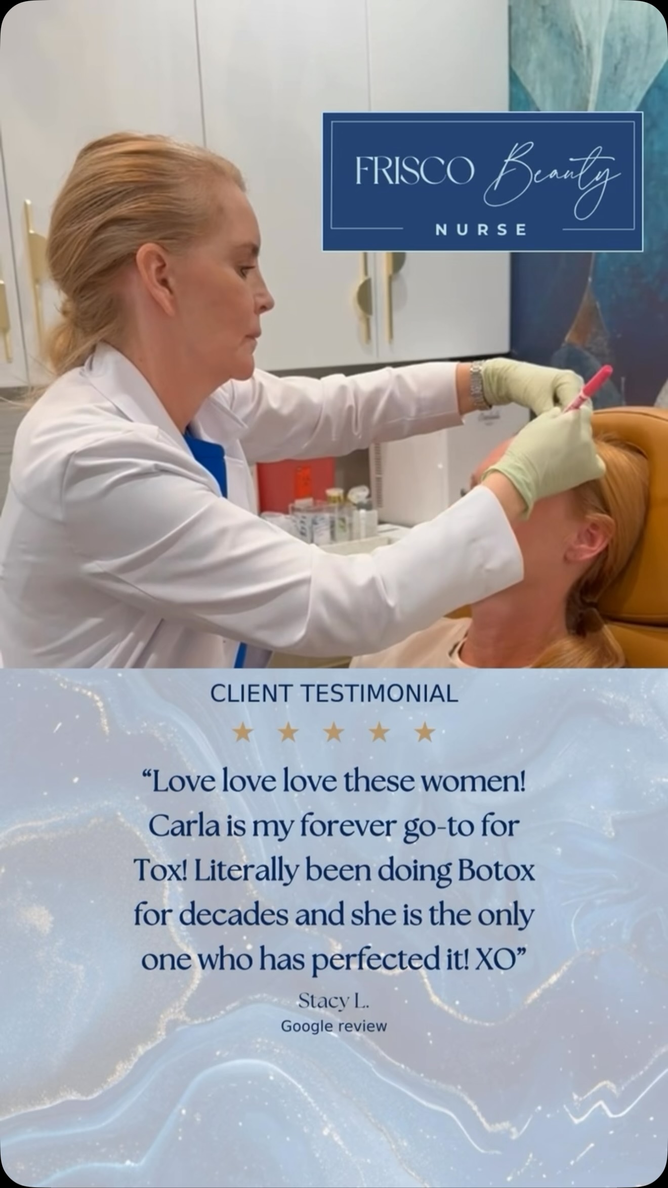 When someone who has been getting Botox&reg; for decades calls Carla her &ldquo;forever go-to,&rdquo; that trust means everything. 🤍

In her five-star review, Stacy shares that after years of receiving Botox&reg;, Carla is the injector she continues to come back to&mdash;because of the precision, consistency, and confidence she feels in her care.

That kind of loyalty is never taken for granted.

At Frisco Beauty Nurse, every appointment is personal. Carla takes the time to understand the face in front of her, treat with intention, and create results that feel refined, natural, and entirely your own.

We&rsquo;re incredibly grateful to Stacy for sharing her experience&mdash;and to every client who allows us to be part of their aesthetic journey. Your trust is the greatest compliment we could receive. ✨

📍 Frisco, Texas
📞 (469) 388-0303
🌐 https://friscobeautynurse.com/

Individual experiences and results vary.

#FriscoBeautyNurse #FriscoBotox #FriscoInjector #NaturalResults #FriscoMedSpa