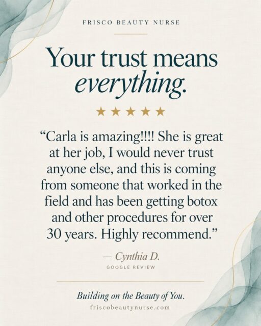 Your trust means so much to me. 🤍 Thank you, Cynthia, for these kind words and for choosing me for your care.

At Frisco Beauty Nurse, every Beauty Plan starts with listening to you&mdash;your goals, your concerns, and what helps you feel your best.

Reserve a time to experience the Frisco Beauty Nurse difference.
✨ friscobeautynurse.com

#FriscoBeautyNurse #FriscoTX #FriscoBotox #FriscoInjector #patientlove💕