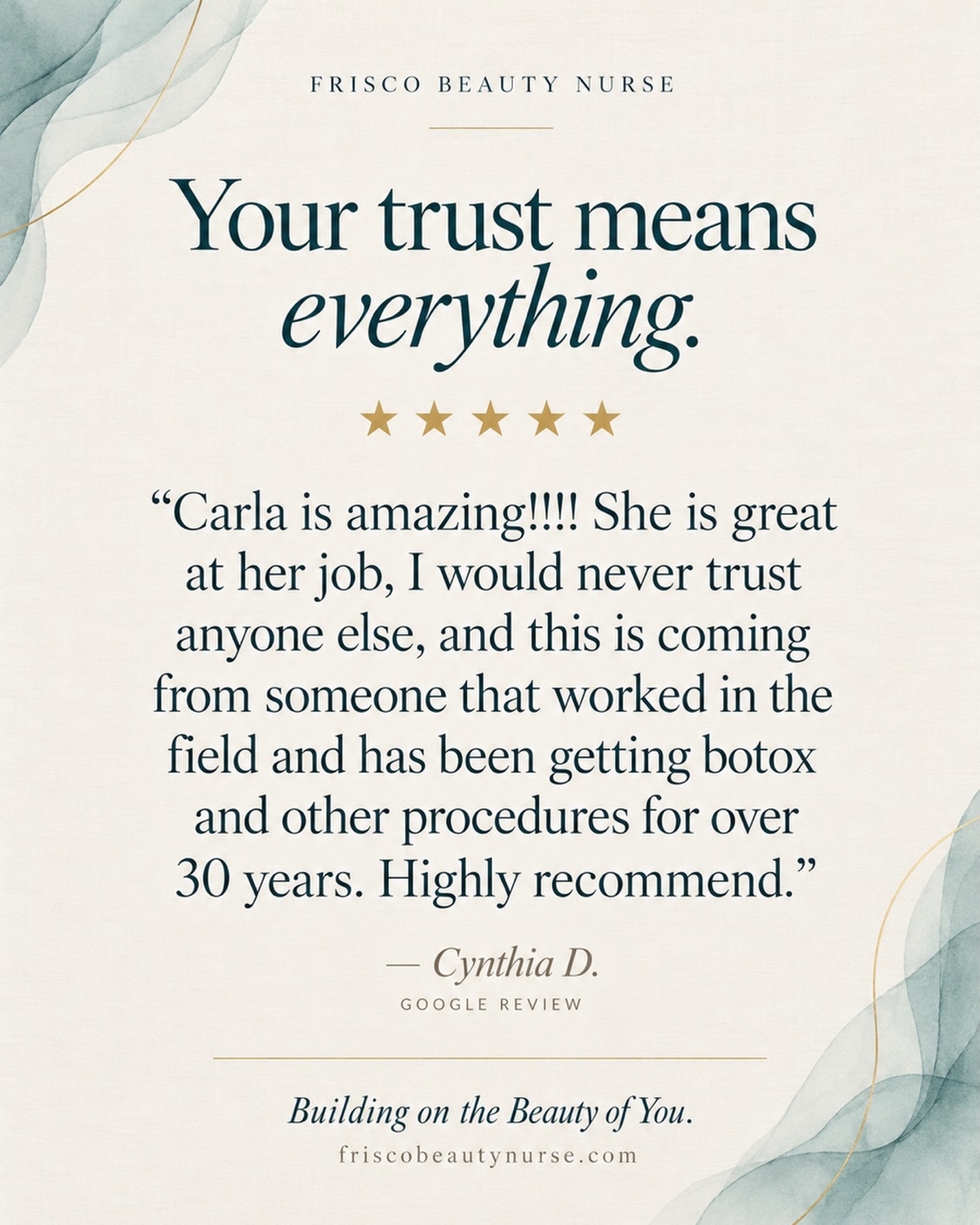 Your trust means so much to me. 🤍 Thank you, Cynthia, for these kind words and for choosing me for your care.

At Frisco Beauty Nurse, every Beauty Plan starts with listening to you&mdash;your goals, your concerns, and what helps you feel your best.

Reserve a time to experience the Frisco Beauty Nurse difference.
✨ friscobeautynurse.com

#FriscoBeautyNurse #FriscoTX #FriscoBotox #FriscoInjector #patientlove💕